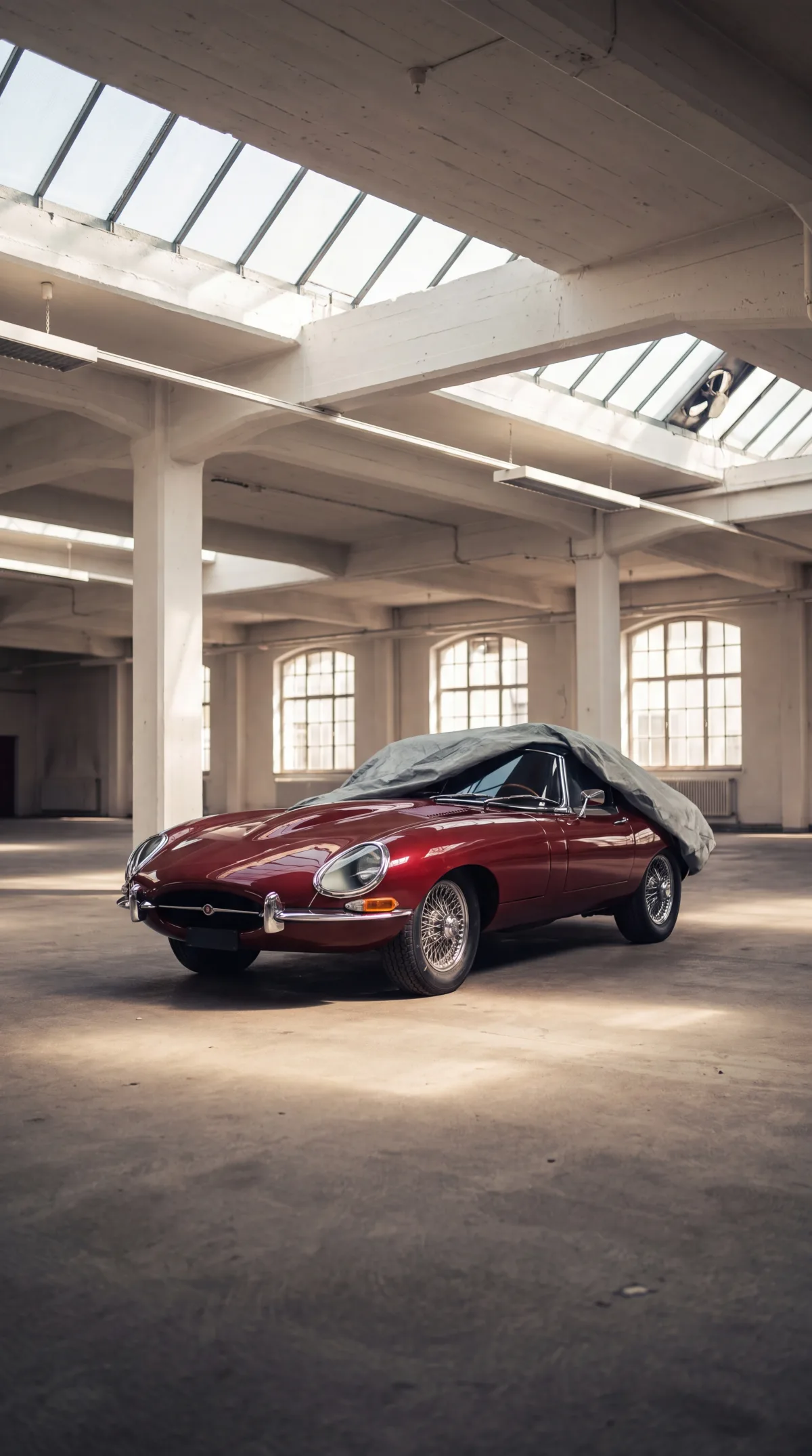 Dunkelroter Jaguar E-Type unter halb abgenommener Abdeckplane in einer lichtdurchfluteten Industriehalle